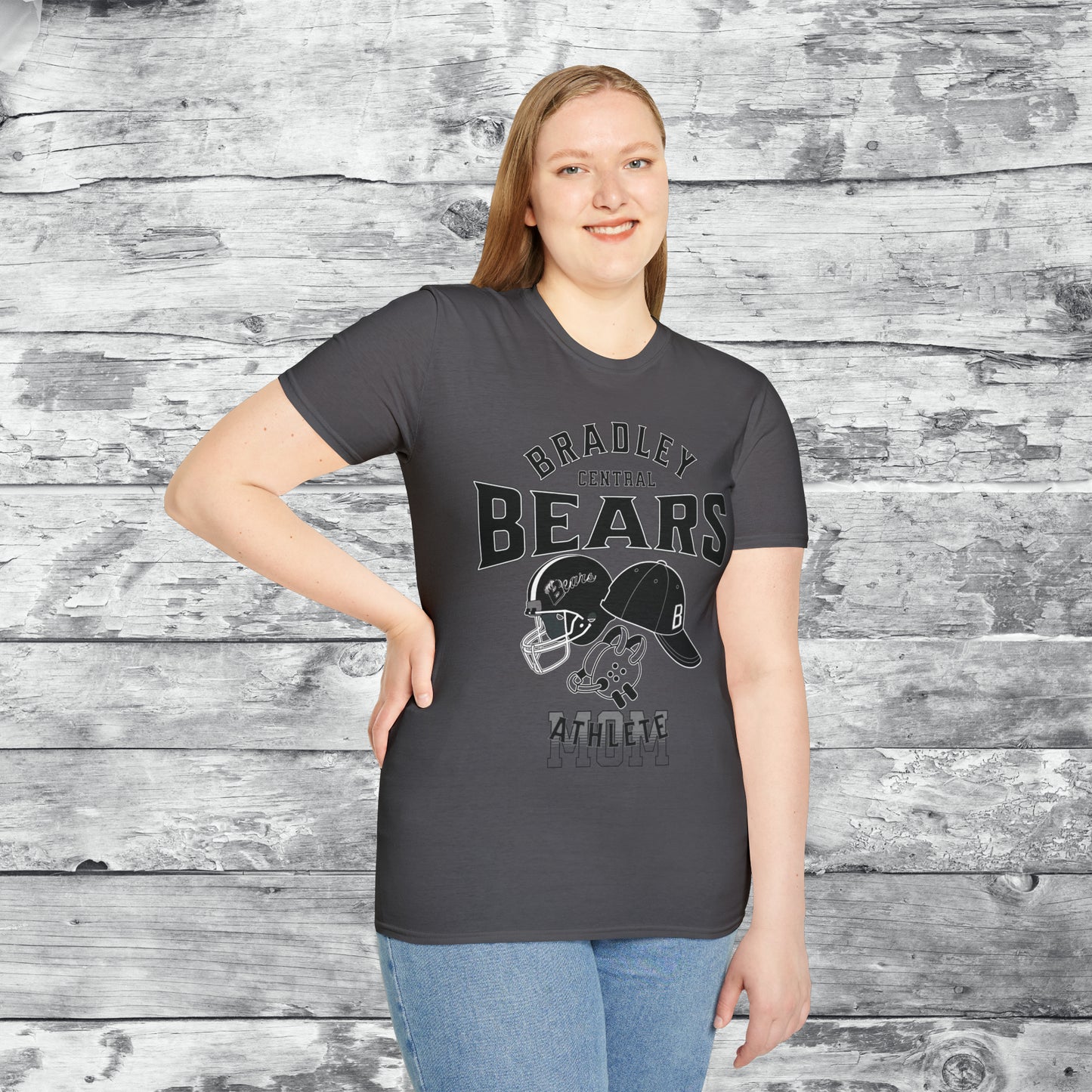 Personalized BCHS Bears 3 Sport Athlete Wrestling Headgear, Baseball Hat & Football Helmet Unisex Softstyle T-Shirt