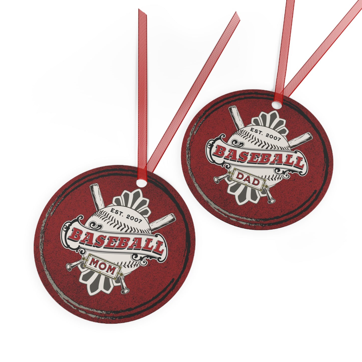 Copy of RED Baseball Mom and Dad Established 2007 2 sided Metal Ornaments