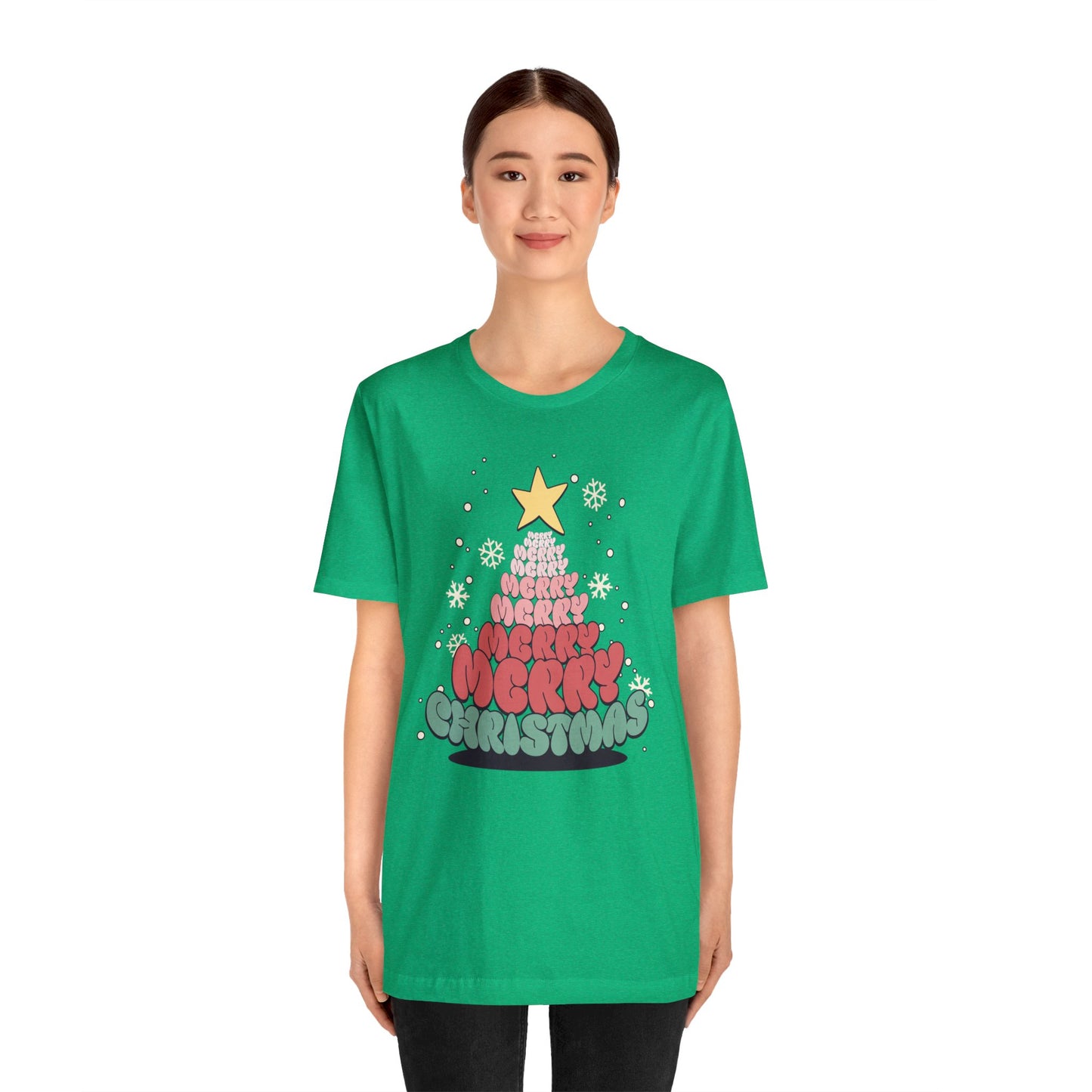 Groovy font Merry Merry Merry Christmas Tree Unisex Jersey Short Sleeve Tee