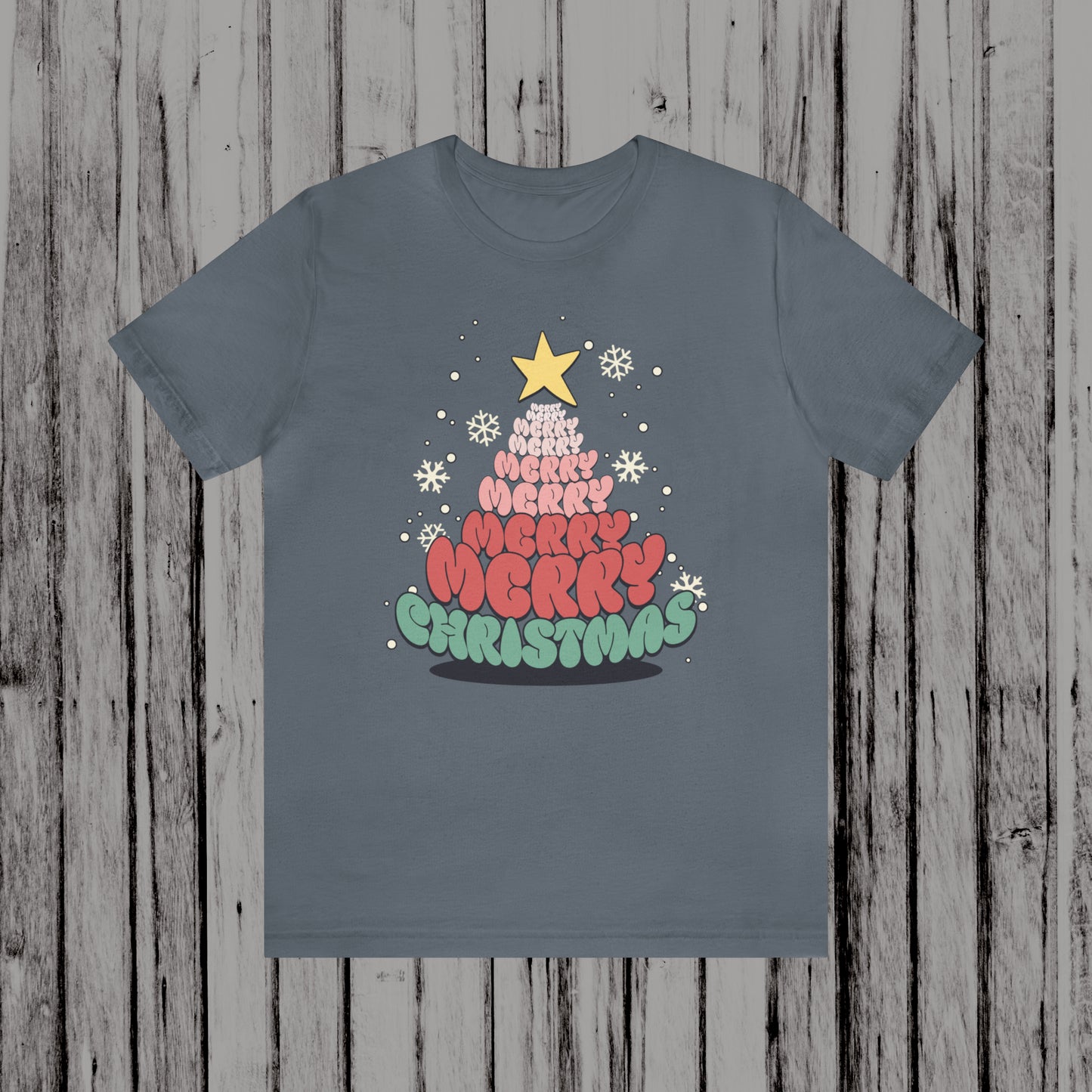 Groovy font Merry Merry Merry Christmas Tree Unisex Jersey Short Sleeve Tee