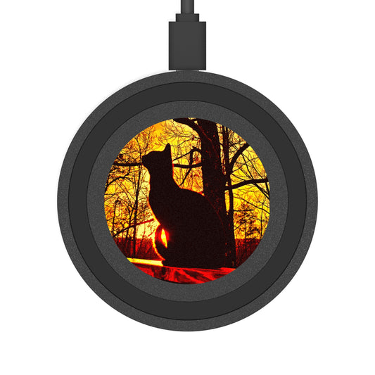 Black Cat Silhouette Wireless Charging Pad — Sunset Forest Design