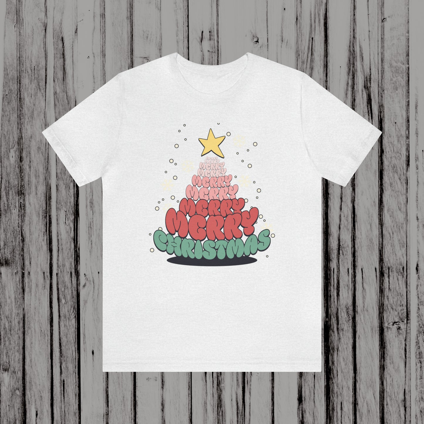 Groovy font Merry Merry Merry Christmas Tree Unisex Jersey Short Sleeve Tee