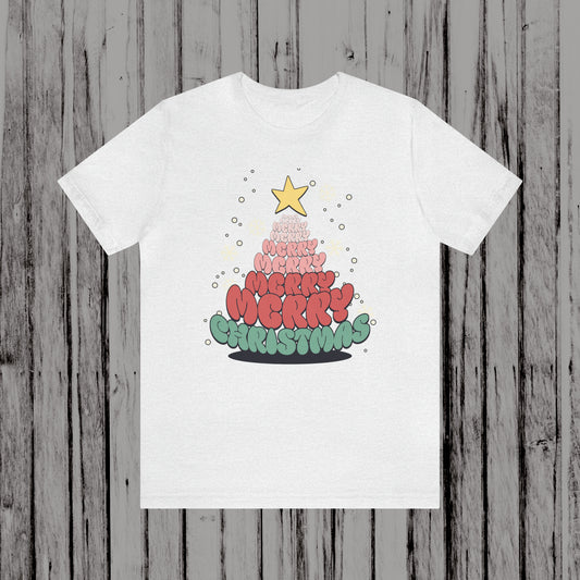 Groovy font Merry Merry Merry Christmas Tree Unisex Jersey Short Sleeve Tee