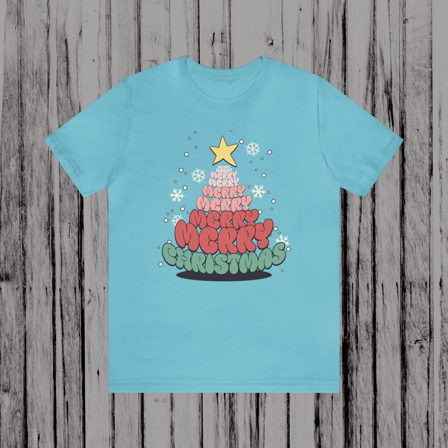 Groovy font Merry Merry Merry Christmas Tree Unisex Jersey Short Sleeve Tee