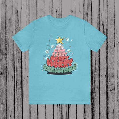 Groovy font Merry Merry Merry Christmas Tree Unisex Jersey Short Sleeve Tee