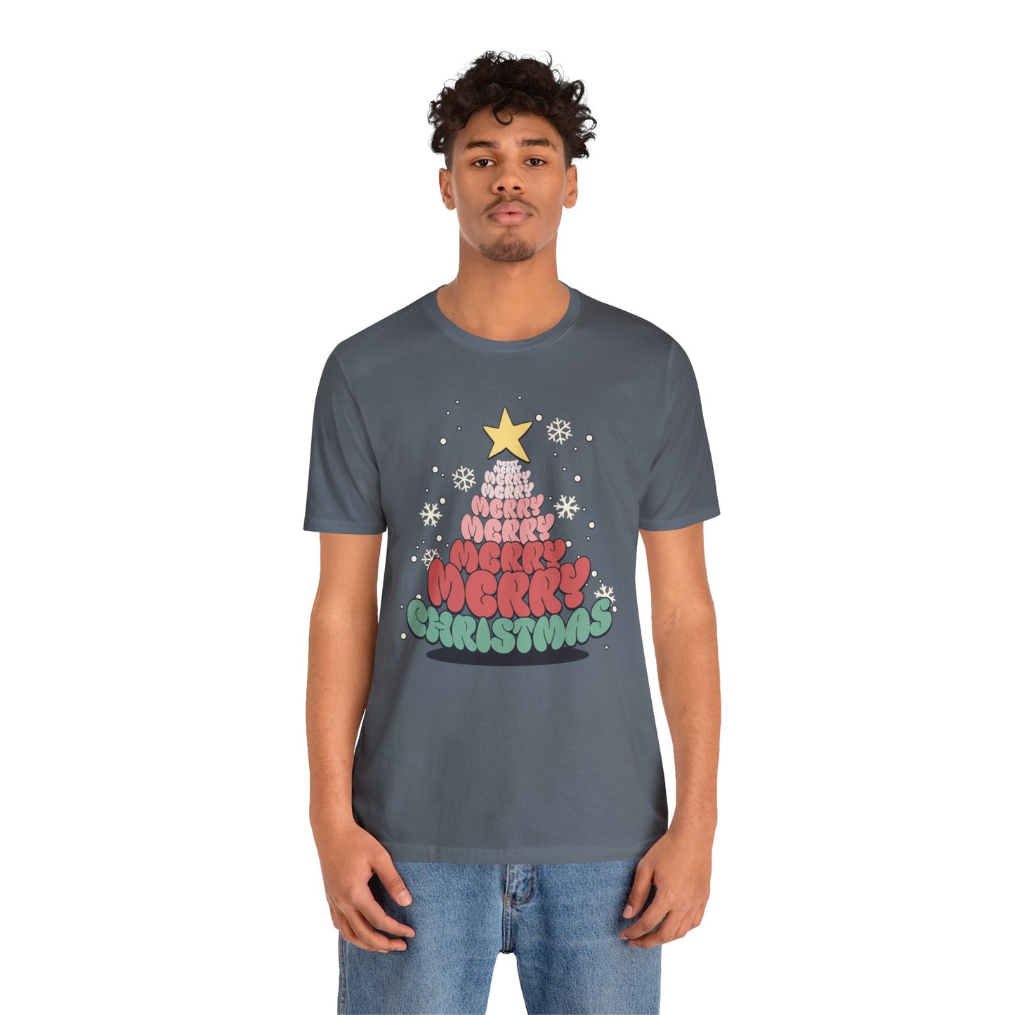 Groovy font Merry Merry Merry Christmas Tree Unisex Jersey Short Sleeve Tee