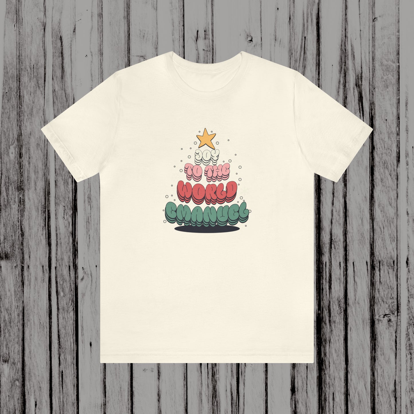 Joy To The World Emanuel groovy font Christmas Tree Unisex Jersey Short Sleeve Tee