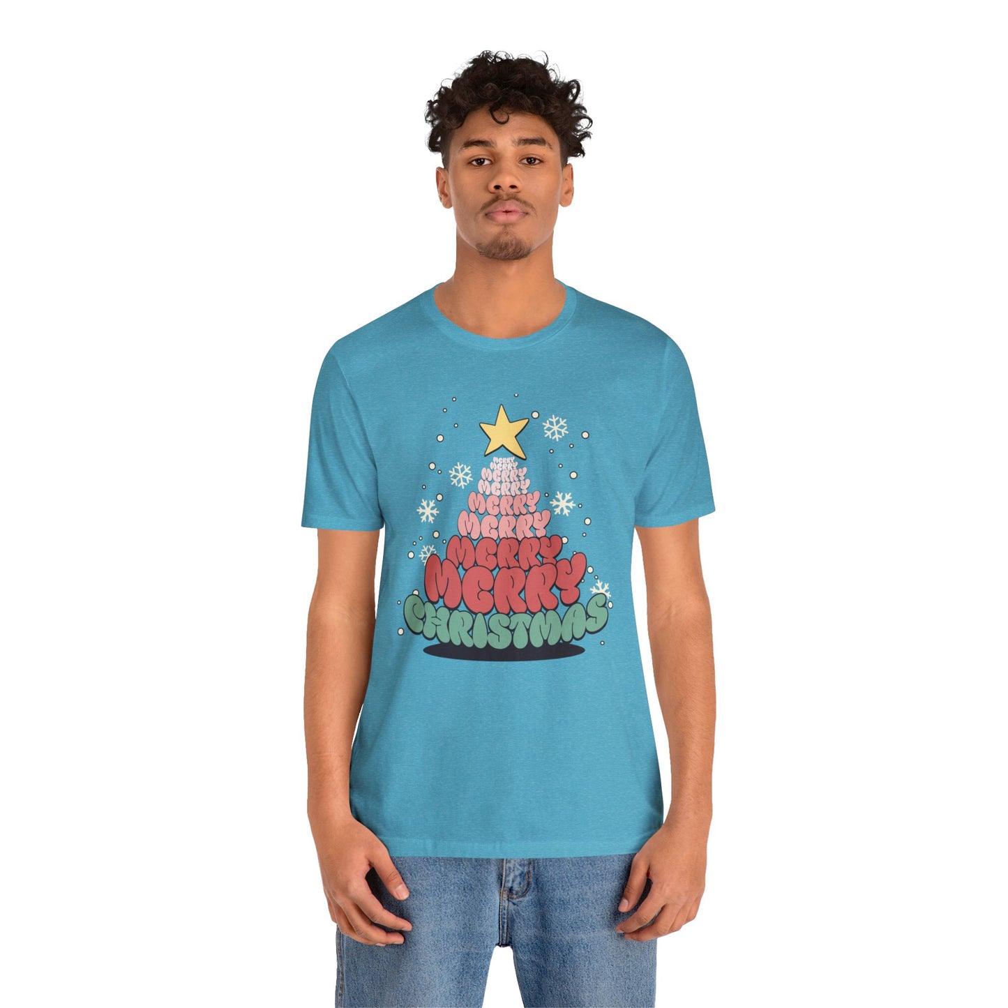 Groovy font Merry Merry Merry Christmas Tree Unisex Jersey Short Sleeve Tee