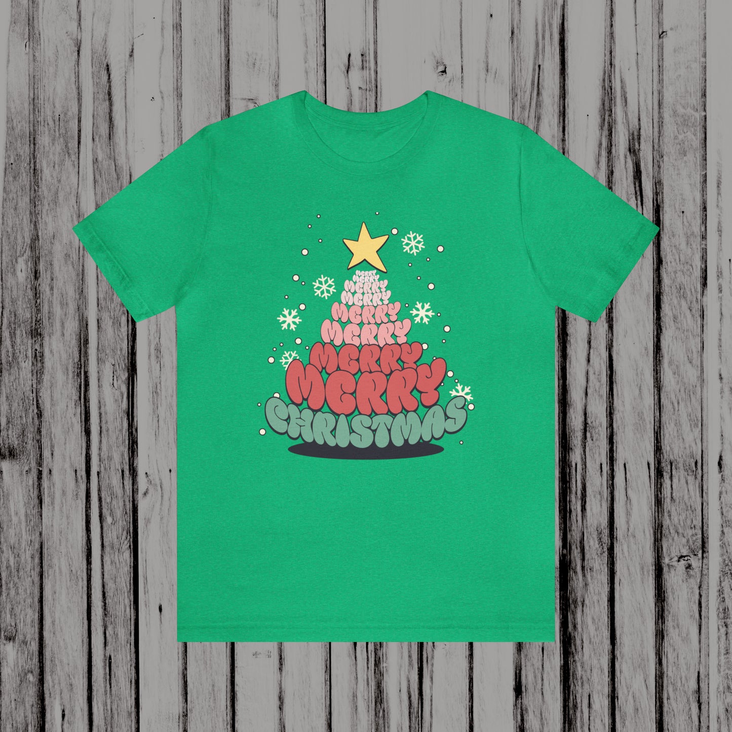 Groovy font Merry Merry Merry Christmas Tree Unisex Jersey Short Sleeve Tee