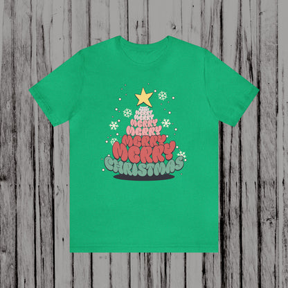 Groovy font Merry Merry Merry Christmas Tree Unisex Jersey Short Sleeve Tee