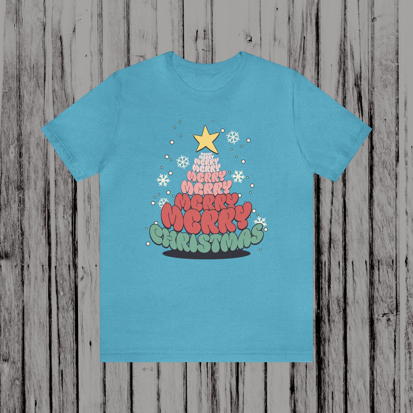 Groovy font Merry Merry Merry Christmas Tree Unisex Jersey Short Sleeve Tee