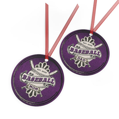 Purple Baseball Mom and Dad Established 2007 2 sided Metal Ornaments