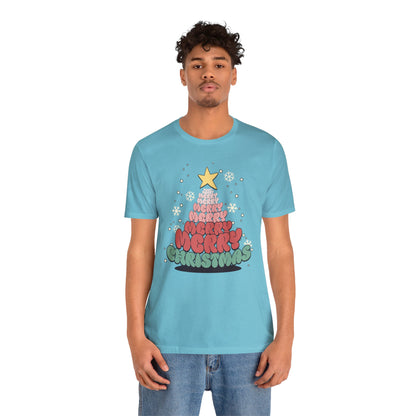 Groovy font Merry Merry Merry Christmas Tree Unisex Jersey Short Sleeve Tee