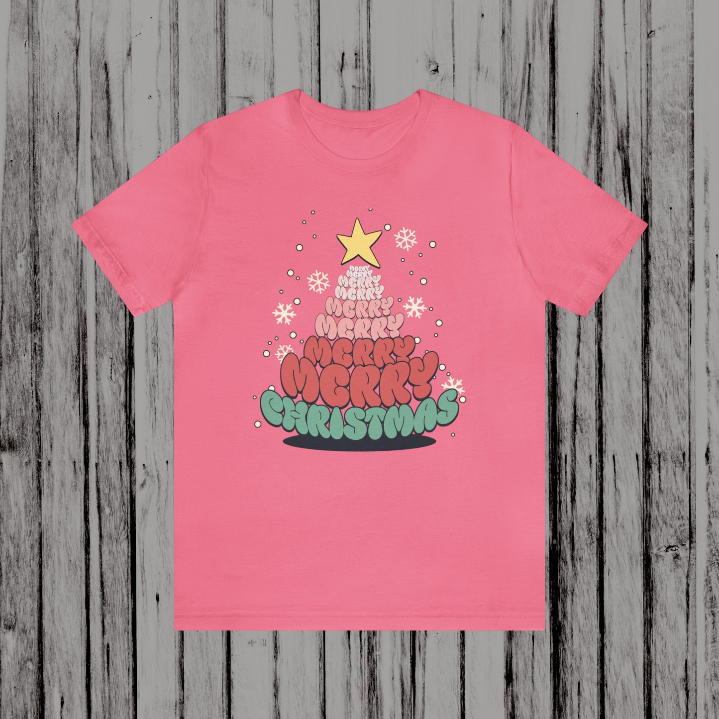 Groovy font Merry Merry Merry Christmas Tree Unisex Jersey Short Sleeve Tee