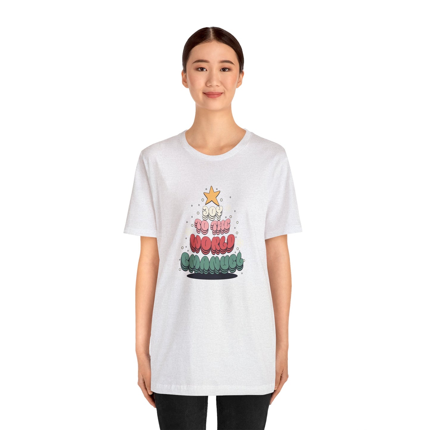 Joy To The World Emanuel groovy font Christmas Tree Unisex Jersey Short Sleeve Tee