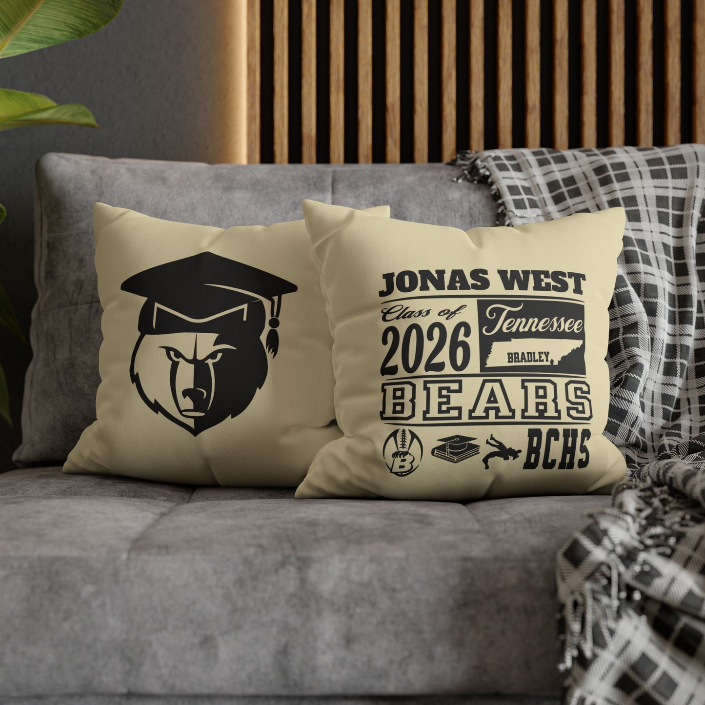 Custom Graduation Pillowcase – "BCHS Class of 2026 Bears" Faux Suede Throw Pillow