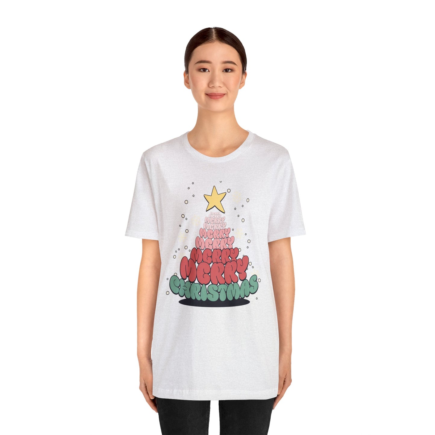 Groovy font Merry Merry Merry Christmas Tree Unisex Jersey Short Sleeve Tee