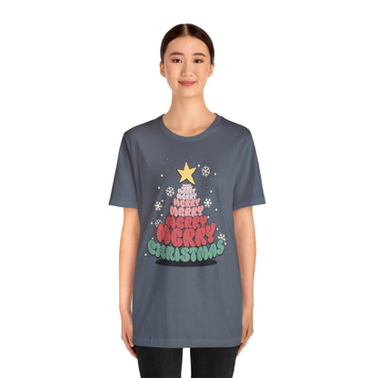 Groovy font Merry Merry Merry Christmas Tree Unisex Jersey Short Sleeve Tee