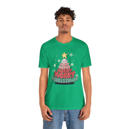 Groovy font Merry Merry Merry Christmas Tree Unisex Jersey Short Sleeve Tee